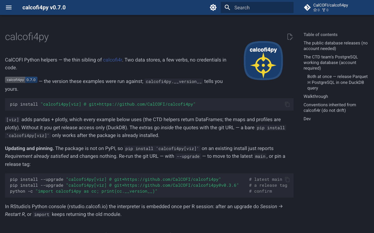 Screenshot of calcofi4py (dark theme)