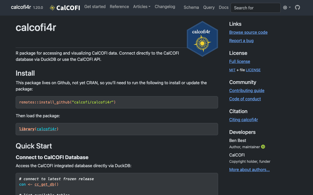 Screenshot of calcofi4r (dark theme)