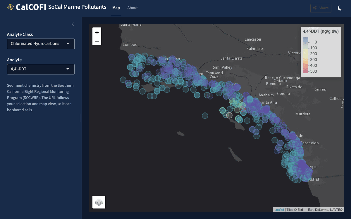 Screenshot of Pollutants Explorer (dark theme)
