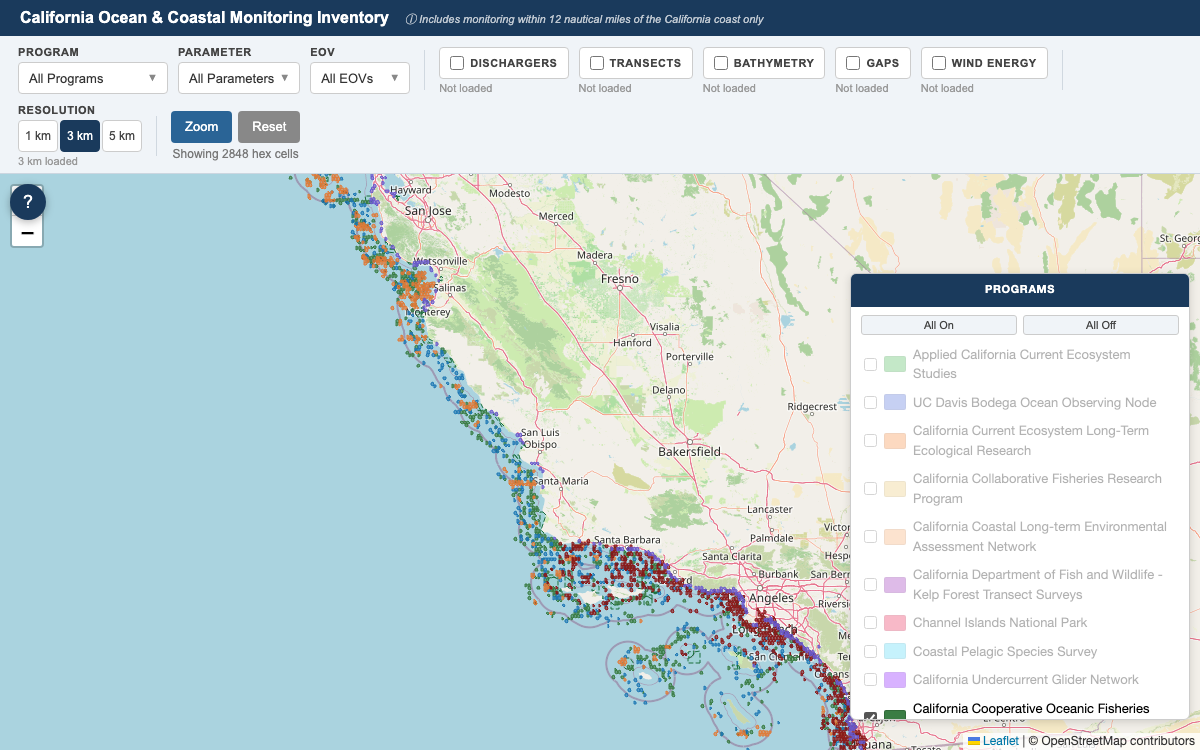 Screenshot of CA Ocean & Coastal Monitoring Map